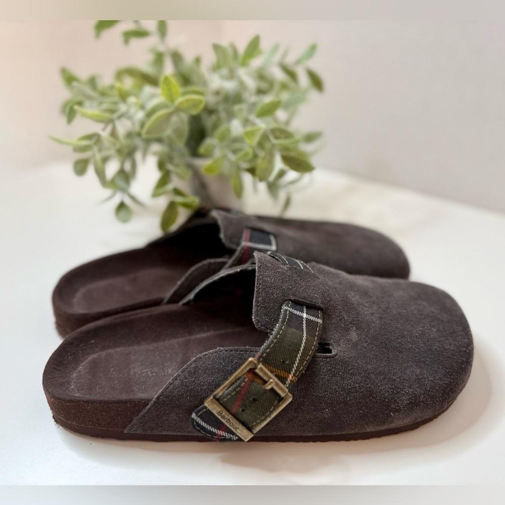 Barbour Artie Lounge Shoes Clogs Gray Suede Slip On Slippers Plaid Trim M8 W9